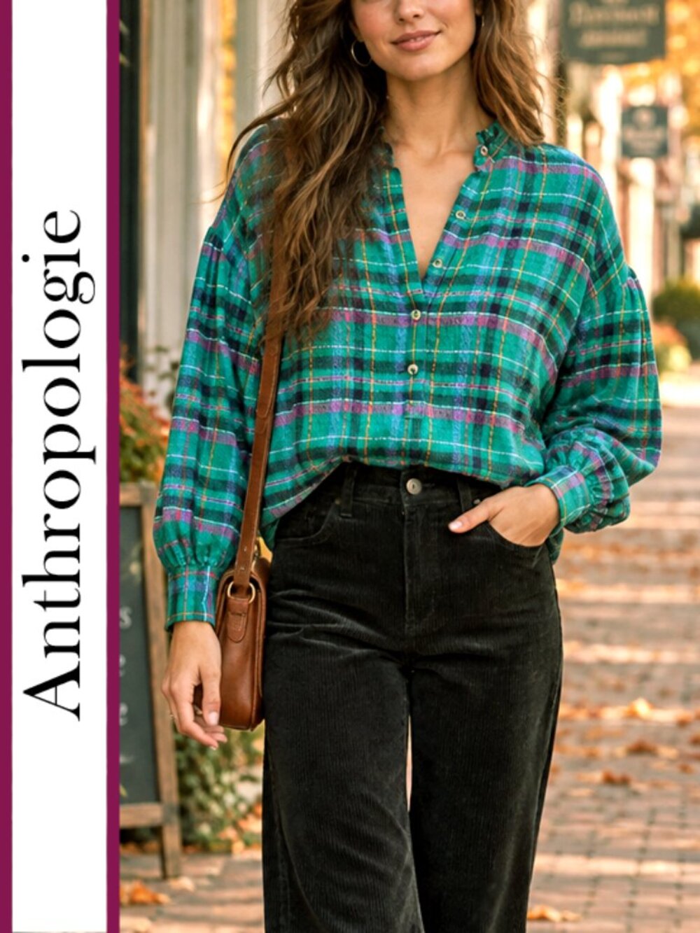 Anthropologie/Pilcro | Plaid Cropped Puffed Sleeve Blouse Top